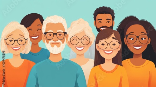 Illustration of diverse group of happy people, young and old, smiling together in unity, wearing glasses and casual clothes.