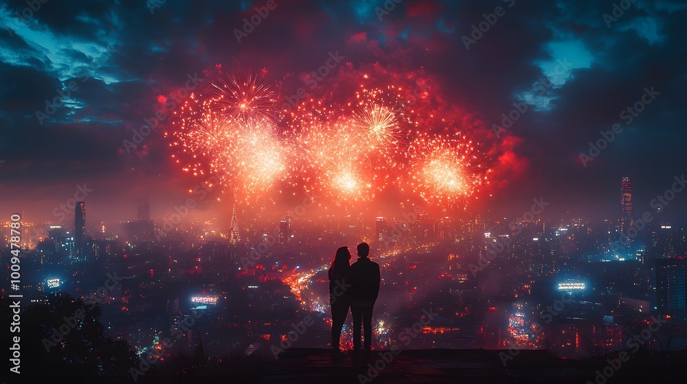 Romantic Couple Enjoying Fireworks Over City Skyline Romantic Couple Enjoying Fireworks Over City Skyline