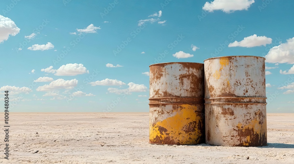Two rusty barrels in a barren landscape under a blue sky with scattered clouds. Two rusty barrels in a barren landscape under a blue sky with scattered clouds.