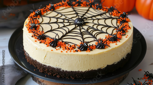 Frightfully Fun Halloween Cheesecake with Spiderweb Toppings and HalloweenThemed Sprinkles photo