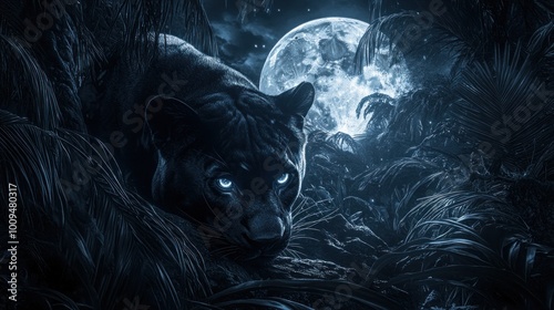 A sleek black panther prowls through a dark jungle under a bright full moon.