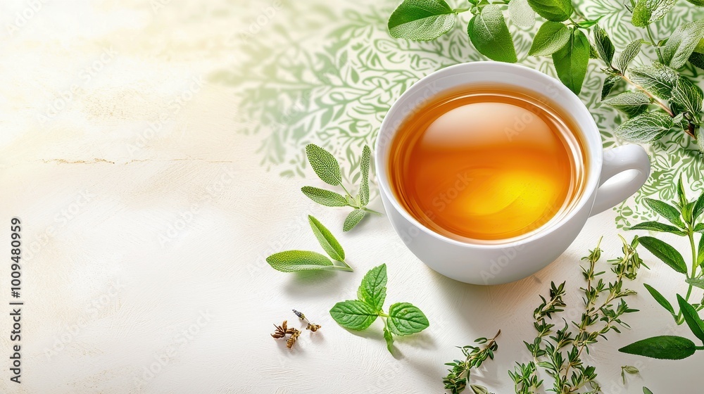 A soothing cup of herbal tea surrounded by fresh herbs on a pale background, perfect for relaxation and wellness. A soothing cup of herbal tea surrounded by fresh herbs on a pale background, perfect for relaxation and wellness.