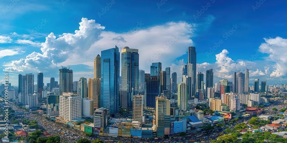 Fototapeta premium A panoramic view of a bustling city skyline with skyscrapers and busy streets.