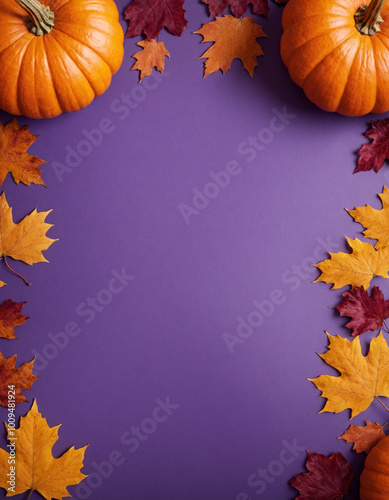 Orange pumpkins and autumn leaves on a flat purple background. Concept for Thanksgiving, Harvest Festival or Halloween celebrations. Autumn flat lay for banner with copy space for text. Top view. photo