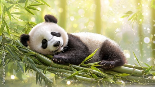 Cute panda resting on bamboo, surrounded by a lush green environment with soft light filtering through. photo