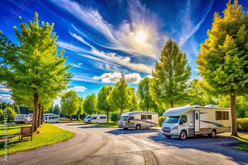 Spacious RV parking area surrounded by nature with clear blue skies and beautiful green trees