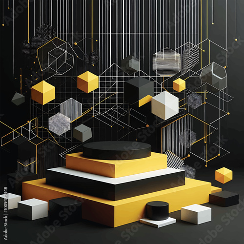 Black and yellow podium Dark background, 3d rendering product podium studio