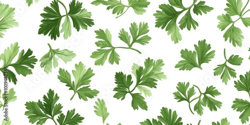 A pattern of green cilantro leaves on a white background, suitable for design or culinary use.