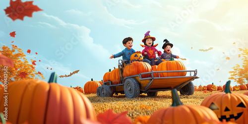 Kids in Halloween costumes riding a haywagon through a pumpkin patch. photo