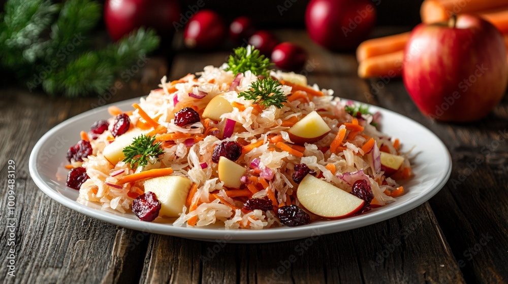 A colorful sauerkraut salad with apples, carrots, and cranberries, served on a white ceramic plate against a rustic dark wooden backdrop