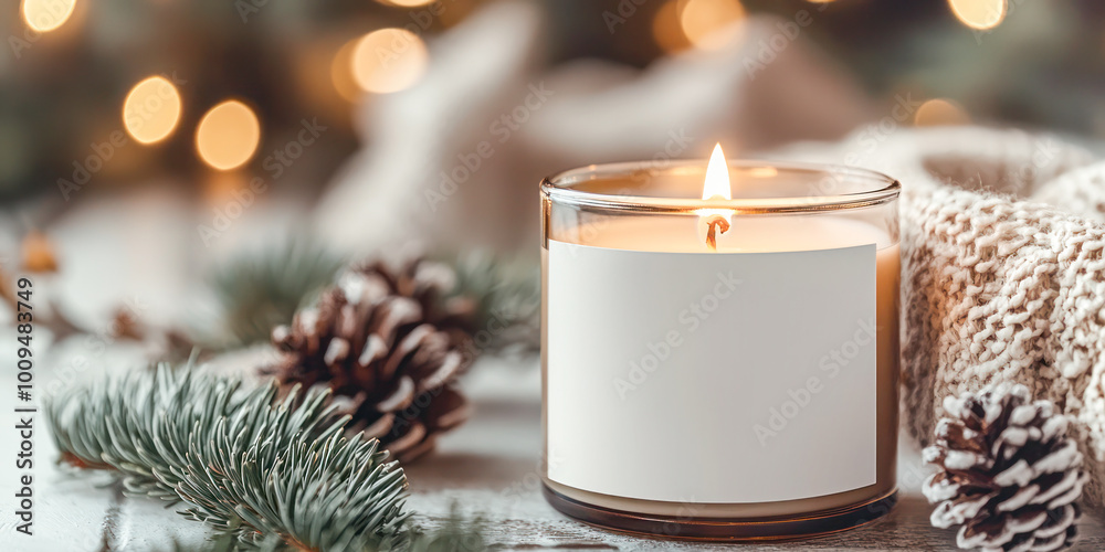 Lit candle in a jar with empty white label with pinecones and cozy fabric on a wooden table, with soft bokeh lights in the background. Lit candle in a jar with empty white label with pinecones and cozy fabric on a wooden table, with soft bokeh lights in the background.
