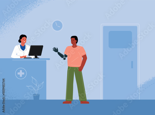 Disabled a patient with a prosthesis communicates with the clinic administrator to make an appointment with a doctor