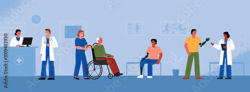Hospital lobby, orthopedic department with different patients waiting for a doctor's appointment with prostheses and on a wheelchair