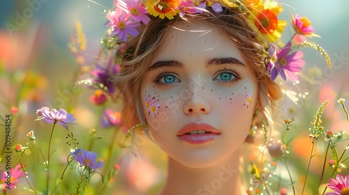 Show her with a crown of flowers using a vibe. AI generated