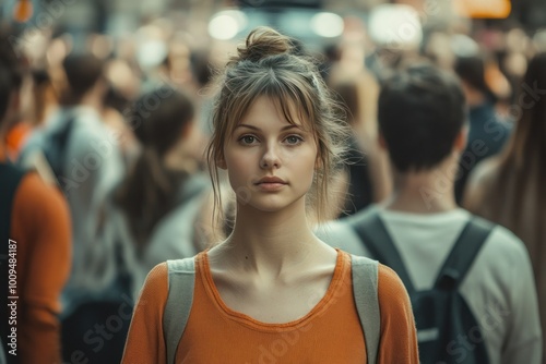 Woman Stands Out in Busy Urban Crowd