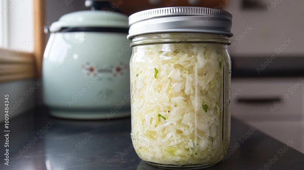 A rustic jar of homemade sauerkraut, with bright green cabbage shreds peeking out, sitting on a dark wooden countertop next to a vintage crock A rustic jar of homemade sauerkraut, with bright green cabbage shreds peeking out, sitting on a dark wooden countertop next to a vintage crock