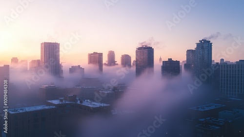 A breathtaking city skyline shrouded in morning fog, showcasing skyscrapers and a tranquil atmosphere during sunrise.