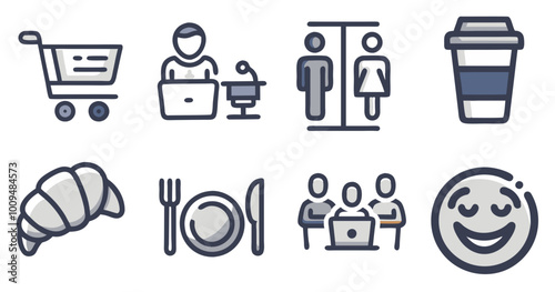 Set of vector icons representing food, people, and facilities