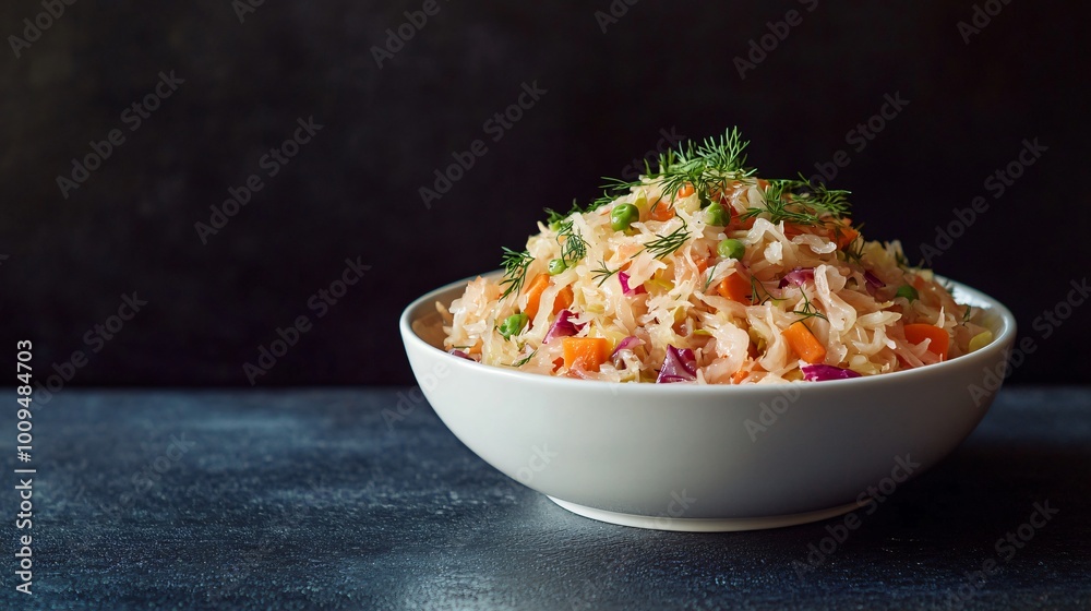 A tangy sauerkraut salad with red and green cabbage, carrots, and dill, served in a minimalist white bowl against a dark table A tangy sauerkraut salad with red and green cabbage, carrots, and dill, served in a minimalist white bowl against a dark table