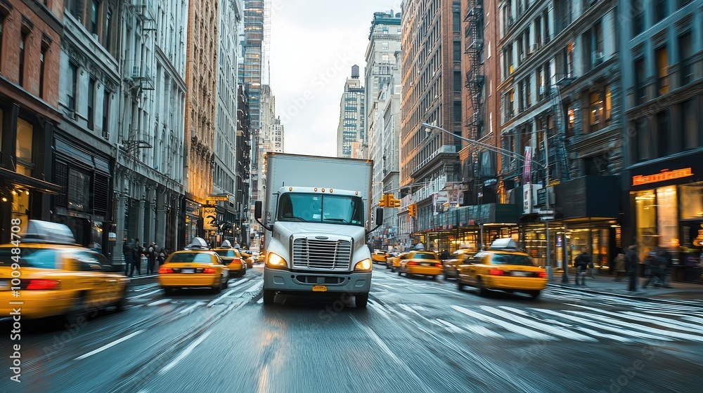 Fototapeta premium A bustling city street scene featuring a delivery truck and yellow taxis amidst towering urban buildings.