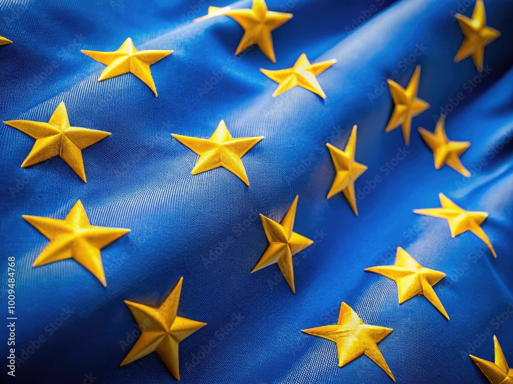 A vibrant blue background adorned with golden stars represents the European Union, symbolizing unity and peace among diverse nations working together harmoniously for a brighter future. A vibrant blue background adorned with golden stars represents the European Union, symbolizing unity and peace among diverse nations working together harmoniously for a brighter future.