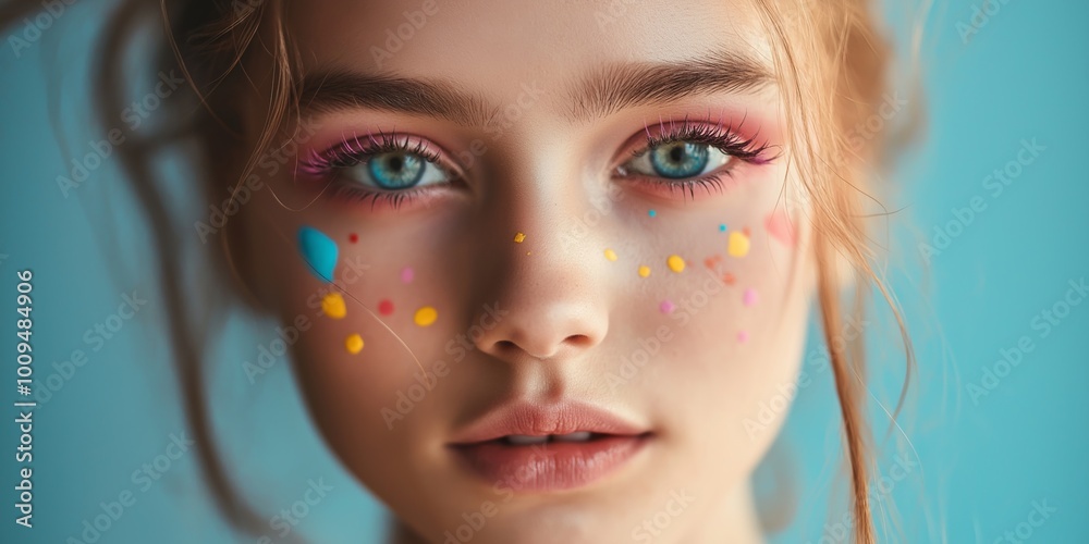 A young woman with blue eyes and colorful makeup on her face. She has a smile on her face and looks happy A young woman with blue eyes and colorful makeup on her face. She has a smile on her face and looks happy