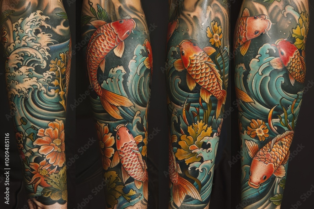 A colorful sleeve tattoo depicting an underwater scene with koi fish, coral reefs, and waves. A colorful sleeve tattoo depicting an underwater scene with koi fish, coral reefs, and waves.
