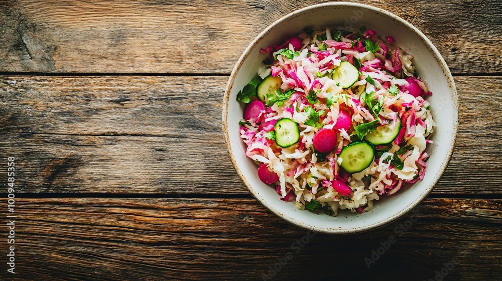 A vibrant sauerkraut salad with pickled cucumbers and radishes, served in a minimalist white bowl on a wooden table A vibrant sauerkraut salad with pickled cucumbers and radishes, served in a minimalist white bowl on a wooden table
