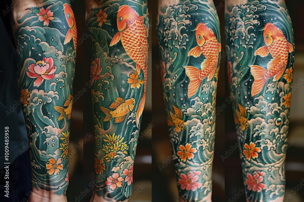 A colorful sleeve tattoo depicting an underwater scene with koi fish, coral reefs, and waves.