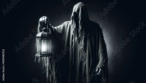 A mysterious figure cloaked in shadows holds a lantern, evoking themes of the supernatural and suspense. Perfect for Halloween, horror stories, or eerie marketing campaigns. photo