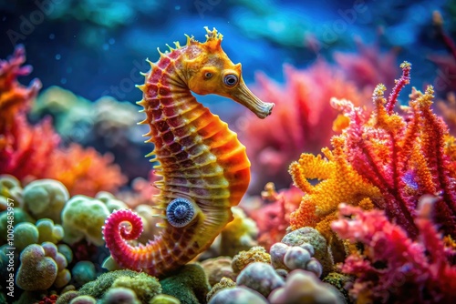 A vibrant coral reef teems with life, featuring a colorful seahorse gracefully floating among the hues, showcasing the beauty of underwater marine habitats.