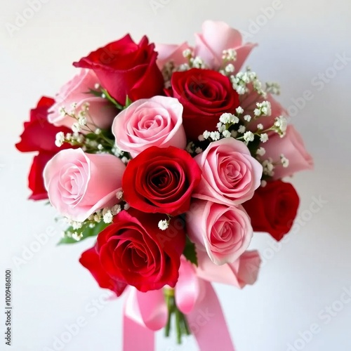 A romantic bouquet of red and pink roses tied with satin ribbon, with delicate baby's breath adding texture and softness.