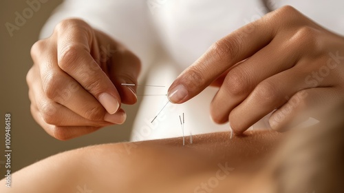 A close-up of acupuncture needles being inserted into the skin, highlighting the precision and care of traditional Chinese medicine. photo