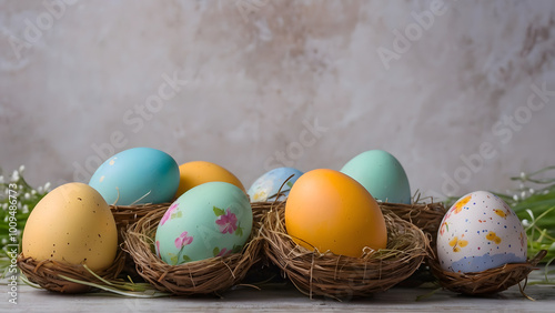 Easter background in the foreground colorful painted eggs in baskets in nests in the background space for text