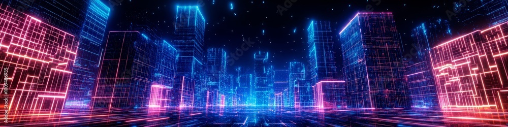 Fototapeta premium Futuristic Cityscape with Neon Lights - Digital Art
