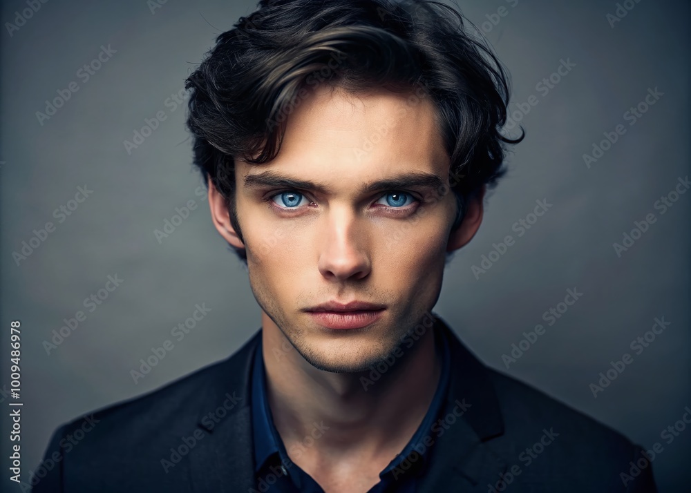 Striking Blue-Eyed Actors with Dark Hair Posing Dramatically Against a Neutral Background Striking Blue-Eyed Actors with Dark Hair Posing Dramatically Against a Neutral Background