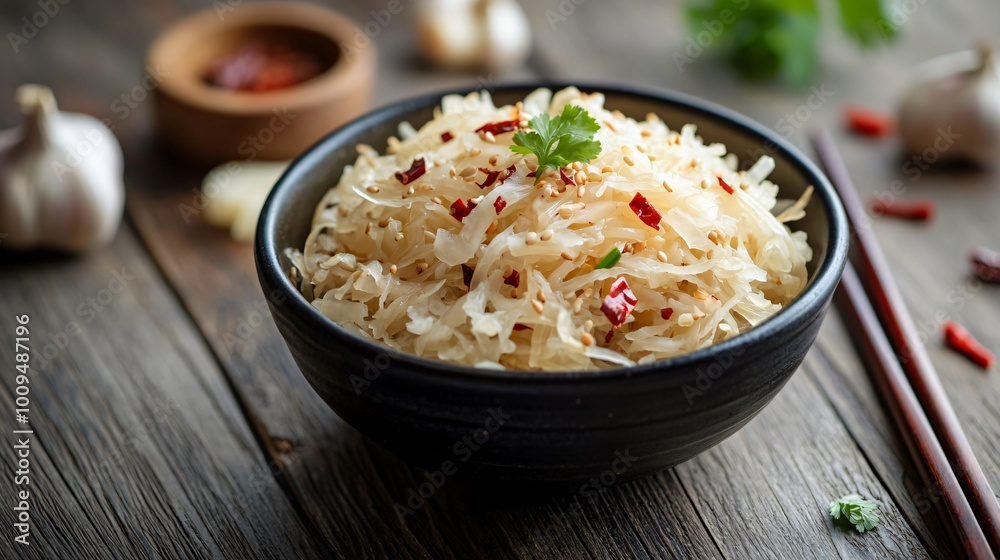 Sauerkraut infused with red chilies and garlic, served in a dark ceramic bowl with chopsticks on the side, against a contrasting wooden table Sauerkraut infused with red chilies and garlic, served in a dark ceramic bowl with chopsticks on the side, against a contrasting wooden table
