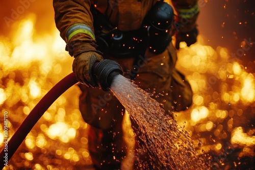 A firefighter with a fire hose, responding to an emergency, using their hands to save lives in the act. photo