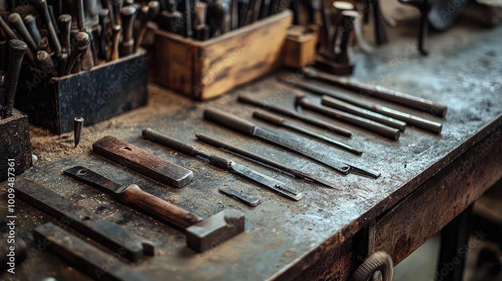 A collection of rustic tools arranged on a weathered workbench, highlighting craftsmanship and vintage aesthetics in a workshop setting. A collection of rustic tools arranged on a weathered workbench, highlighting craftsmanship and vintage aesthetics in a workshop setting.
