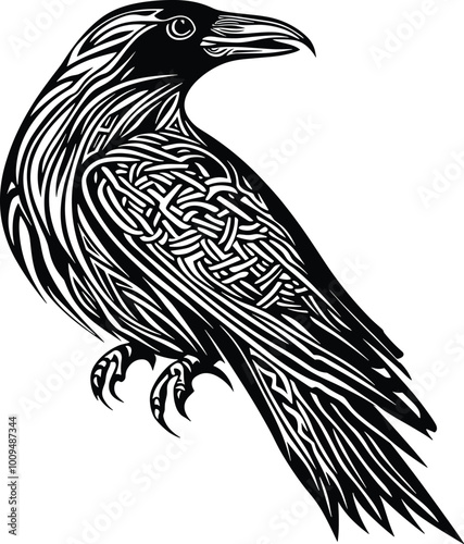 Silhouette of raven bird in different poses, scandinavian myths, tattoo design, vector illustration.