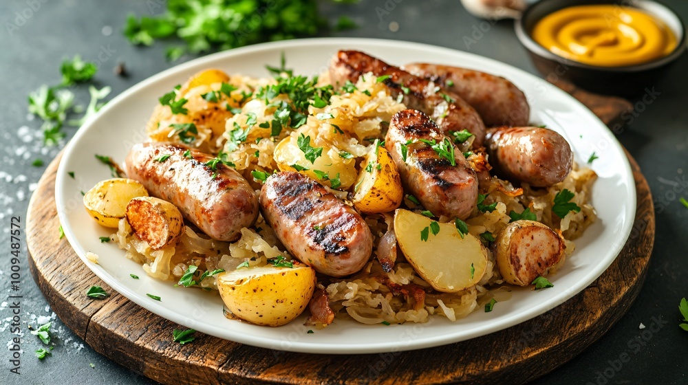 Sauerkraut topped with sausages and potatoes, served on a white plate, placed on a rustic wooden board with mustard on the side Sauerkraut topped with sausages and potatoes, served on a white plate, placed on a rustic wooden board with mustard on the side