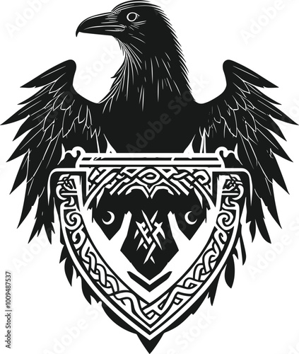 Silhouette of a flying raven or crow bird, front view with spread wings shield vector.