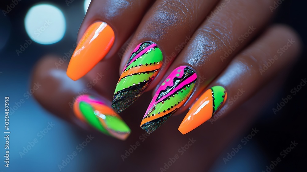 A close-up of neon orange nails with bright green and pink accents, featuring sharp zigzag patterns and contrasting lines. The nails have a glossy finish, A close-up of neon orange nails with bright green and pink accents, featuring sharp zigzag patterns and contrasting lines. The nails have a glossy finish,