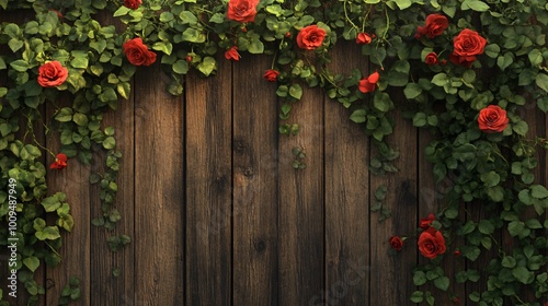 Red roses climbing a rustic wooden fence.