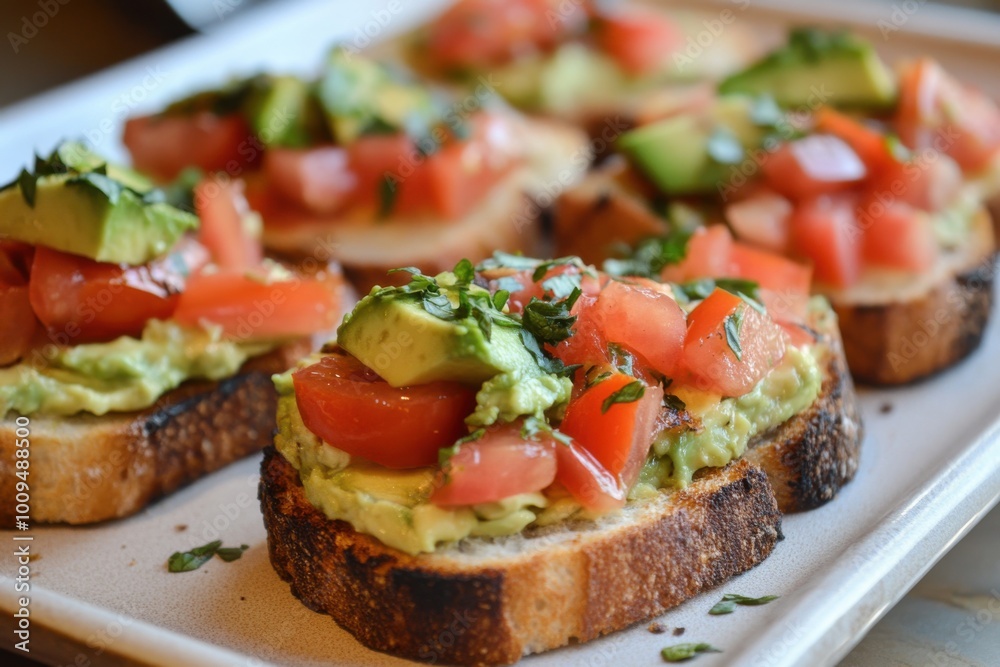 Tasty charred bread smeared with smooth avocado and juicy tomatoes Tasty charred bread smeared with smooth avocado and juicy tomatoes