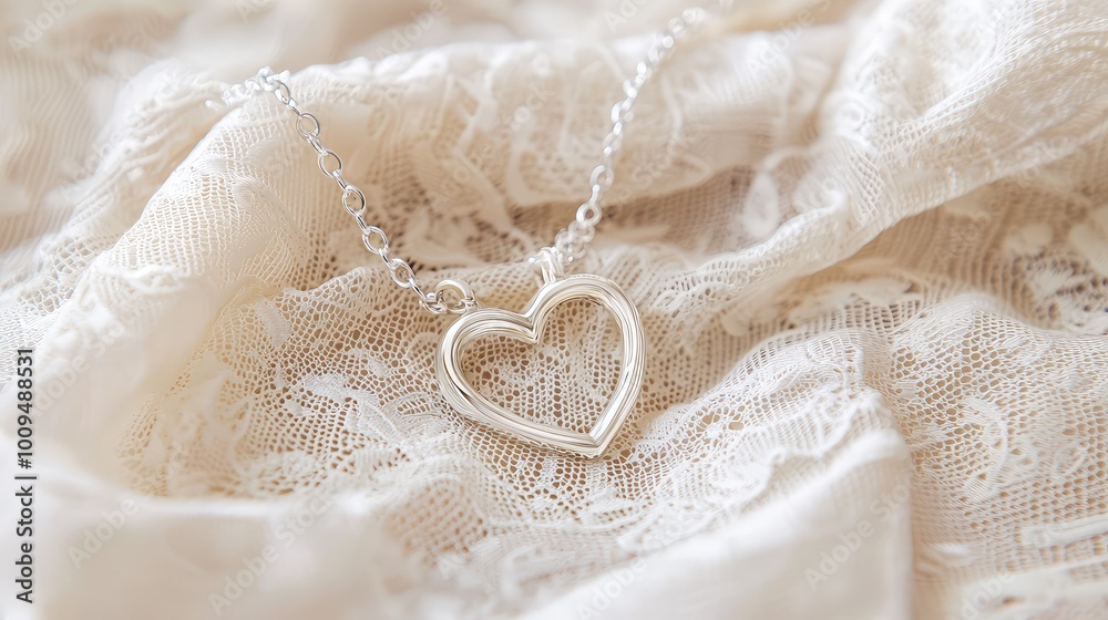 A delicate silver heart necklace rests gracefully on soft lace fabric, symbolizing love and elegance in jewelry design. A delicate silver heart necklace rests gracefully on soft lace fabric, symbolizing love and elegance in jewelry design.