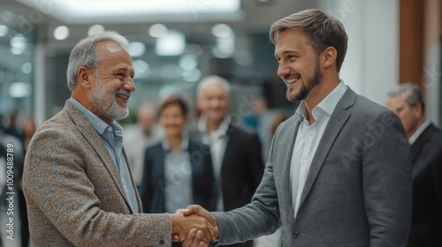 Two men shaking hands in a business setting