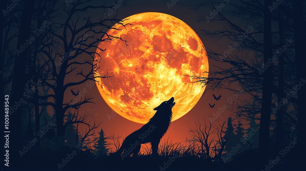 A dramatic silhouette of a wolf howling against a large full moon, surrounded by dark trees and a mystical night sky. A dramatic silhouette of a wolf howling against a large full moon, surrounded by dark trees and a mystical night sky.