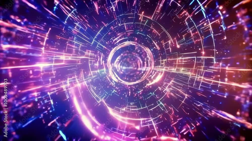 Abstract Neon Tunnel of Pink and Blue Glowing Circles