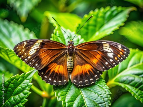 Stunning Black and Brown Butterfly Perched on Green Leaves in a Natural Outdoor Environment